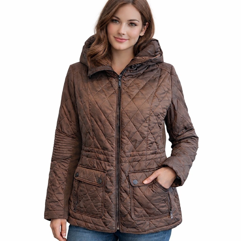 BCBGMAXAZRIA Quilted Puffer Women’s Coat Coffee Brown Sz S Full-Zip Long Hooded